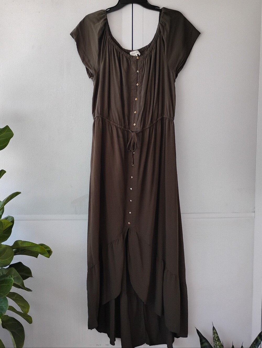 Indigo Rose Women's Brown Button-Front Maxi Dress with Drawstring Waist